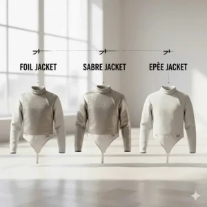 Comparison diagram showing the three main types of fencing jacket cuts required for foil, saber, and epee.