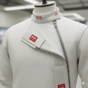 Detailed photo of the jacket's closure system, showing the secure zipper and overlapping velcro strap on the protective layer of the fencing jacket.