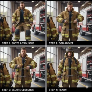 A sequence diagram demonstrating the proper way to quickly don and secure a structural firefighter jacket for emergency response.