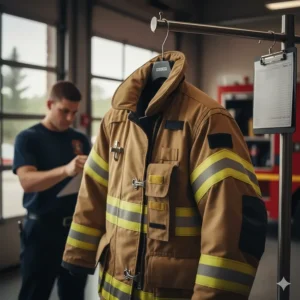 A view of a cleaned and hung-up firefighter jacket undergoing routine inspection for rips, tears, and overall integrity.