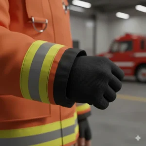 Close-up of the wrist cuff on the firefighter jacket, showing the inner wristlet and moisture-blocking gusset for protection.