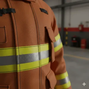Detail shot of the yellow and silver reflective trim and striping on a bunker gear coat, highlighting visibility features.