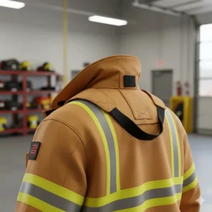 Illustration of the built-in harness or Drag Rescue Device (DRD) and the SCBA opening in the back of a firefighter jacket collar.