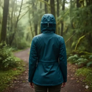 Back view of a women's lightweight rain jacket showing the tapered waist and protective hood coverage.