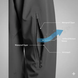 Diagram highlighting underarm ventilation zippers (pit zips) on a hiking jacket to prevent overheating.