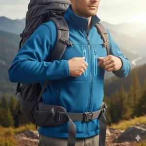 Illustration of high-set chest pockets on a soft shell jacket that remain accessible while wearing a backpack waist belt.