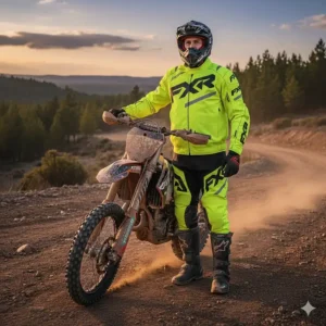 A brightly colored, high-visibility yellow and orange motocross jacket with reflective piping for enhanced safety and low-light visibility.