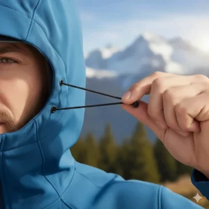 Close-up of a cinch-cord adjustable hood on a men's soft shell jacket designed for wind protection.