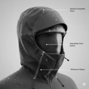 Close-up illustration of an adjustable, helmet-compatible hood on a technical hard shell jacket for hiking and climbing.