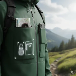 Illustration highlighting pack-accessible chest pockets on a hard shell jacket for storing trail essentials.