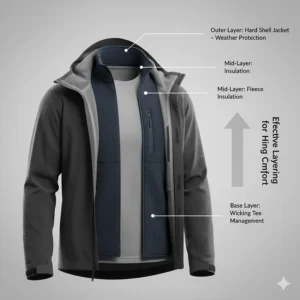 A guide showing a hard shell jacket worn over a fleece mid-layer and moisture-wicking base layer for hiking.