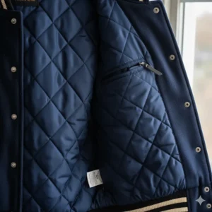 The inside view showing the quilted lining and interior pockets of a warm baseball jacket.