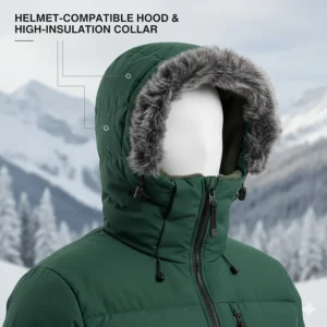 Close-up of an adjustable, helmet-compatible hood on a winter hiking jacket.