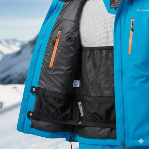 Interior view showing the integrated powder skirt and media pocket of the warm winter coat.