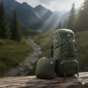 A lightweight and affordable hard shell hiking jacket folded compactly next to a standard 30-liter trekking backpack.