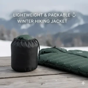 An insulated winter hiking jacket compressed into a small travel stuff sack.