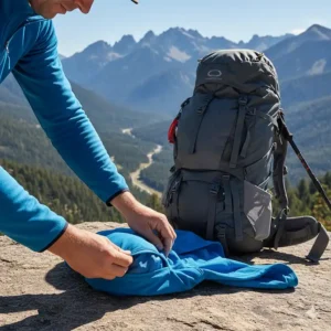 A men's lightweight soft shell jacket folded compactly to show its portability for multi-day hiking trips.