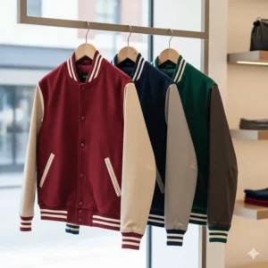 Selection of men's baseball jackets in various colors, including red, navy blue, and hunter green.