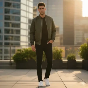 Modern bomber style baseball jacket with rib-knit cuffs and hem, a contemporary take on the classic design.