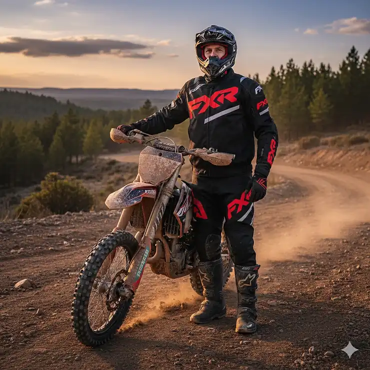 A rider wearing a black and red motocross jacket while standing next to a dirt bike on a dusty trail, highlighting the protective gear.
