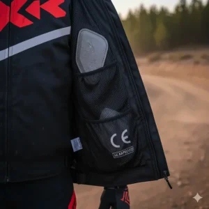 Close-up of CE-rated armor pockets in the elbow and shoulder of the motocross jacket, demonstrating impact protection.