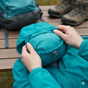 A lightweight rain jacket with a hood folded into its own compact carrying pouch.