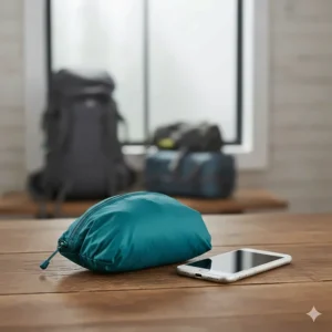 A women's packable rain jacket compressed next to a smartphone to show its compact travel size.