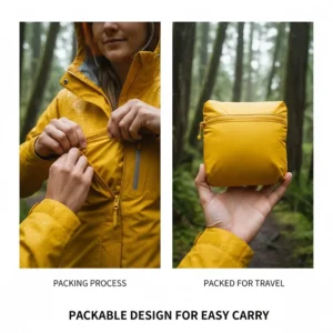 Illustration showing a lightweight women's rain jacket with hood folded into its own pocket for easy travel.