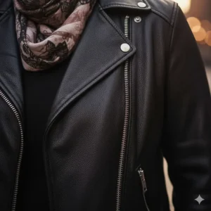 Close-up shot of the premium silver hardware, including the durable zipper and snaps on the plus size leather biker jacket.