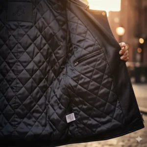 Image showing the smooth, comfortable quilted lining inside the high-quality plus size leather jacket.