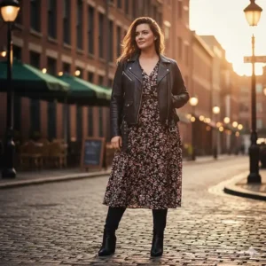 Styling inspiration: a plus size leather biker jacket paired effortlessly with a floral midi-dress for a chic look.