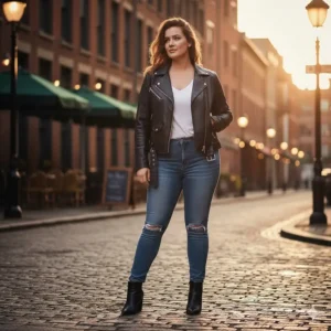 Casual outfit idea: a black plus size leather biker jacket layered over a t-shirt and distressed denim jeans.