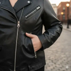 Clear view of the convenient, functional zippered pockets on the front of the plus size leather biker jacket.