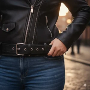 Detail of the adjustable waist belt feature on the front of the classic plus size leather biker jacket.