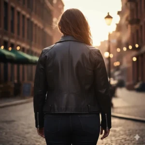 Full back view of the plus size leather biker jacket, showing the clean, tailored cut and paneling.