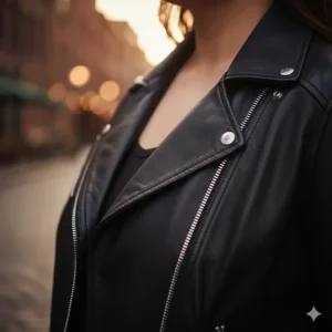The wide notched lapel and snap-down collar on the fashionable plus size leather biker jacket.