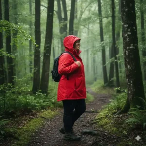 Side view showing the comfortable, relaxed fit of the plus size rain jacket silhouette for easy layering.