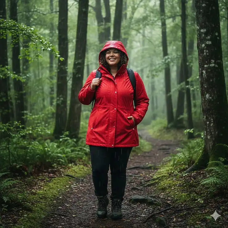 A stylish woman wearing a waterproof plus size rain jacket in the outdoors, highlighting its flattering fit and practical hood.