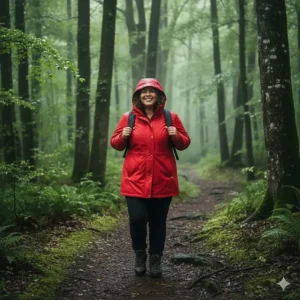 A happy plus size woman hiking comfortably in the durable, highly rated plus size rain jacket.