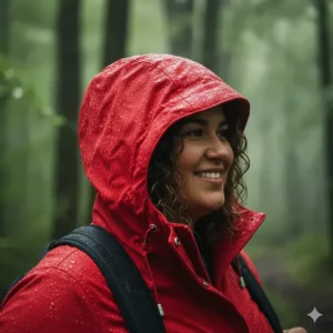 Close-up of the fully adjustable hood on the plus size rain jacket, offering maximum rain protection.