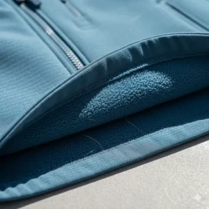 Close-up of the breathable, water-resistant soft shell fabric texture of the women's jacket.