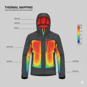 Illustration showing thermal heat retention zones in a high-performance winter jacket.