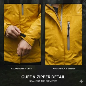 Detailed view of the adjustable Velcro cuffs and storm-flap zipper on a women's rain jacket with hood.