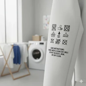 Graphic showing the specific washing and care instructions icon for a cotton or synthetic fencing jacket to maintain its protective integrity.