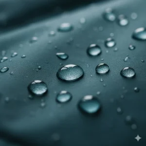 Close-up of water droplets beading on the surface of a high-performance waterproof rain jacket fabric.