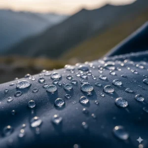 Close-up of water droplets beading on the surface of a men's DWR-treated soft shell hiking jacket.