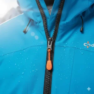Water-resistant YKK zippers with easy-to-grab pulls, ensuring the pockets on the waterproof snow jacket stay dry.