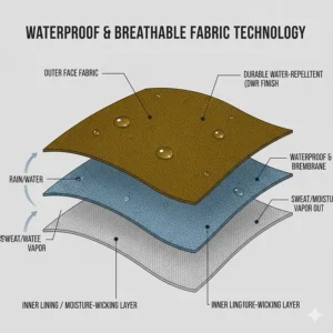 Technical illustration showing the breathable waterproof layers of a women's rain jacket with hood.