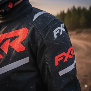 A close-up showing the taped seams and waterproof zippers of a high-performance motocross jacket designed for wet conditions.