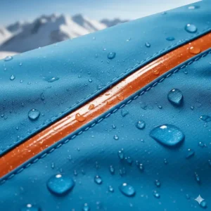 Close-up of fully taped seams on the waterproof snow jacket for maximum moisture protection in wet conditions.